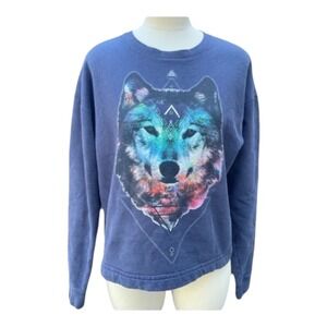 Design By Humans‎ Wolf Graphic Sweatshirt Unisex M Navy Cosmic Galaxy Crewneck